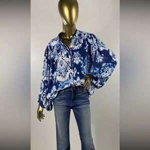 Haute Hippie Top Blue Artsy Print Balloon Batwing Sleeve Button Up Blouse Sz M